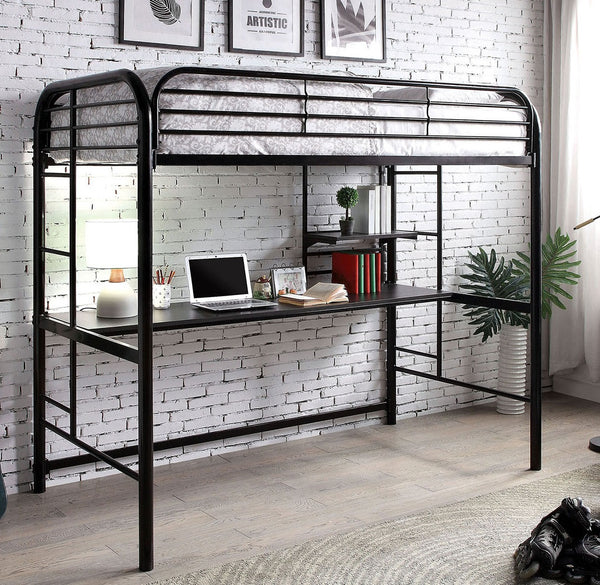 English Elm Black Twin Bunk Bed with Built-In Desk and Shelves, Heavy-Duty Metal Frame, Safe Guard Rails Black 78 L x 44 W x 8 H B2741P351282