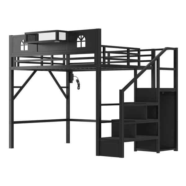 English Elm Full Size Steel Loft Bed with Staircase Storage Wardrobe Desk and Led Lighting Black W2593S00055