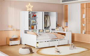 English Elm Full Size Wooden Daybed With Versatile Workspace, Three Storage Drawers, And Adjustable Shelves N820S00055K