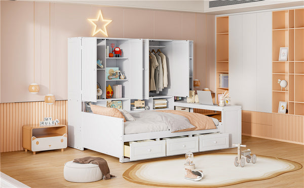 English Elm Full Size Wooden Daybed With Versatile Workspace, Three Storage Drawers, And Adjustable Shelves N820S00055K