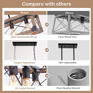 English Elm Farmhouse Linear Chandelier – 5-Light Rustic Dining Room Light Fixture With Solid Wood & Metal Accents W2738P185425