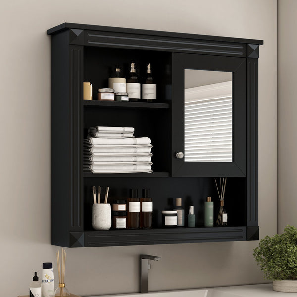 English Elm 32'' Bathroom Wall Cabinet Mirror — 32-inch Wall-Mounted Medicine Cabinet with Adjustable Shelves for Streamlined Bathroom Storage and Stylish Organization Black N710P254922B