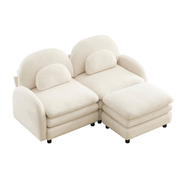 English Elm Teddy Fleece Modular Loveseat with Ottoman Curved Sculptural Sofa for Living Room Beige White W5656S00075