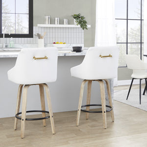 English Elm 26" Swivel Counter Stools Set of 2 Faux Leather Gold Accents Whitewashed Wood B202S01836