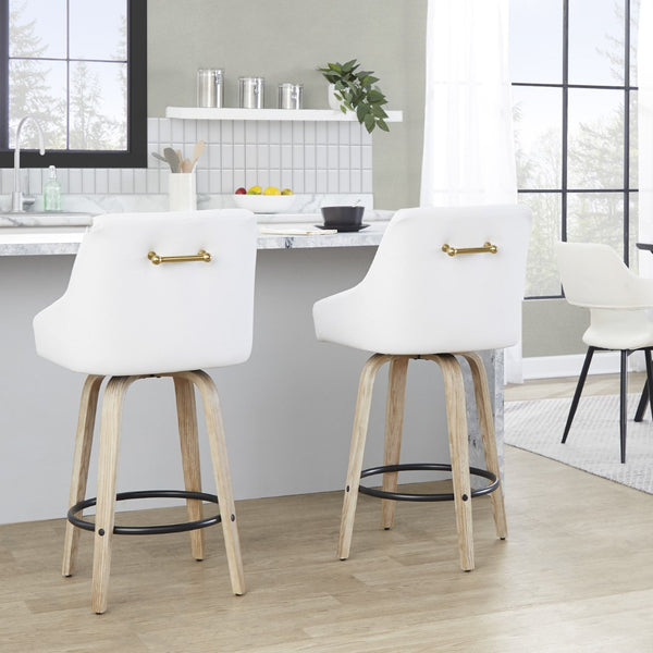 English Elm 26" Swivel Counter Stools Set of 2 Faux Leather Gold Accents Whitewashed Wood B202S01836
