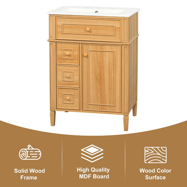 English Elm 24" Solid Pine Bathroom Vanity Cabinet with Ceramic Sink Soft Close Drawers N725P375500N