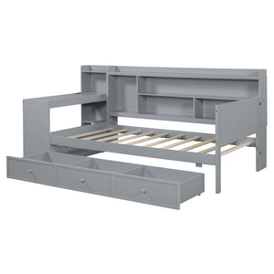 English Elm Twin Size Multifunctional Wooden Daybed With Usb Ports, Desk & 3 Storage Drawers In Gray Finish N820S00017E-GIGA