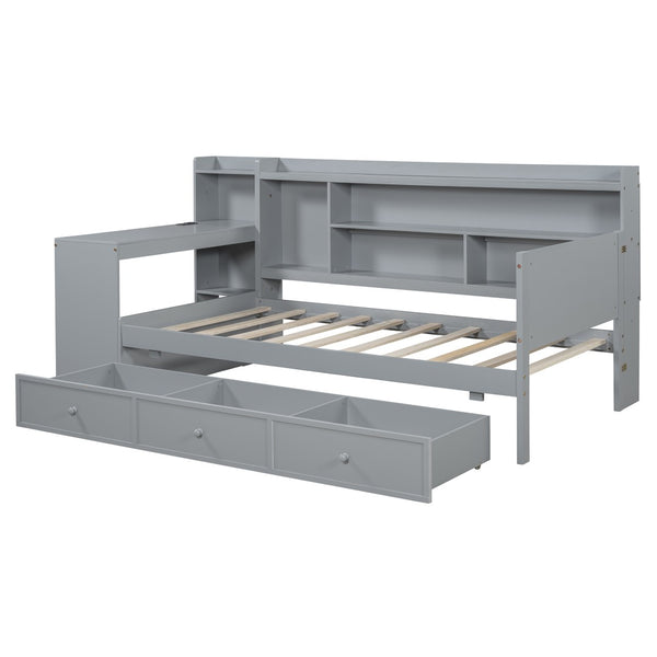 English Elm Twin Size Multifunctional Wooden Daybed With Usb Ports, Desk & 3 Storage Drawers In Gray Finish N820S00017E-GIGA