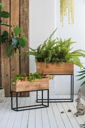 English Elm Set of 2 Rustic Wood Planter Boxes with Black Iron Stands for Farmhouse Decor W2078P496655