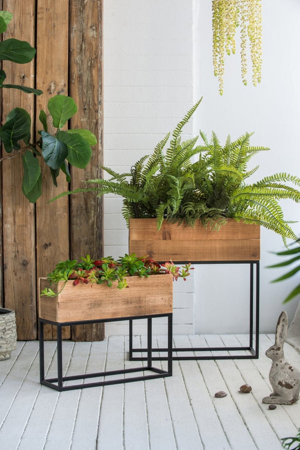 English Elm Set of 2 Rustic Wood Planter Boxes with Black Iron Stands for Farmhouse Decor W2078P496655
