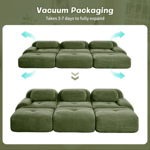 English Elm Three-seat Modular Corduroy Sectional Sofa with Ottomans for Living and Media Rooms Olive Green W714S01260