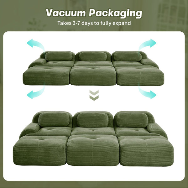 English Elm Three-seat Modular Corduroy Sectional Sofa with Ottomans for Living and Media Rooms Olive Green W714S01260