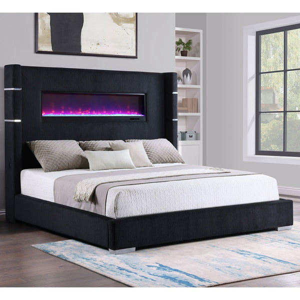 English Elm Judah Black Upholstered Eastern King Bed With Wingback Design & Flame Visualizer For Cozy Elegance B062P375547