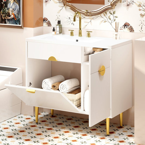 English Elm 36" Modern Bathroom Vanity with Resin Basin Sink, Soft-Closing Doors, Drop-Down Cabinet & Storage Elegance N710P265934K