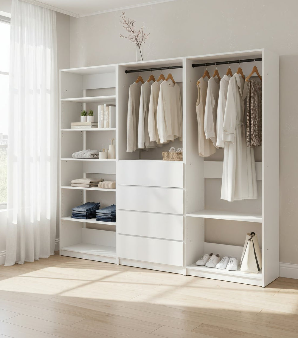 English Elm Prosper White Freestanding Walk-In Wood Closet System – Modular Melamine Oak Finish, Durable Storage Craftsmanship B040S00149