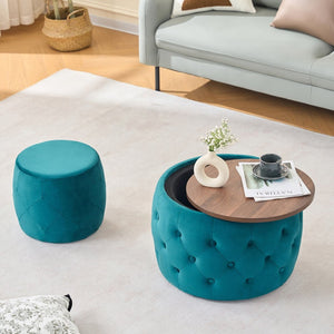 English Elm Ball Cast Round Nesting Ottoman Set Linen Upholstered Hidden Storage with Wooden Tray Blue W3163P379372