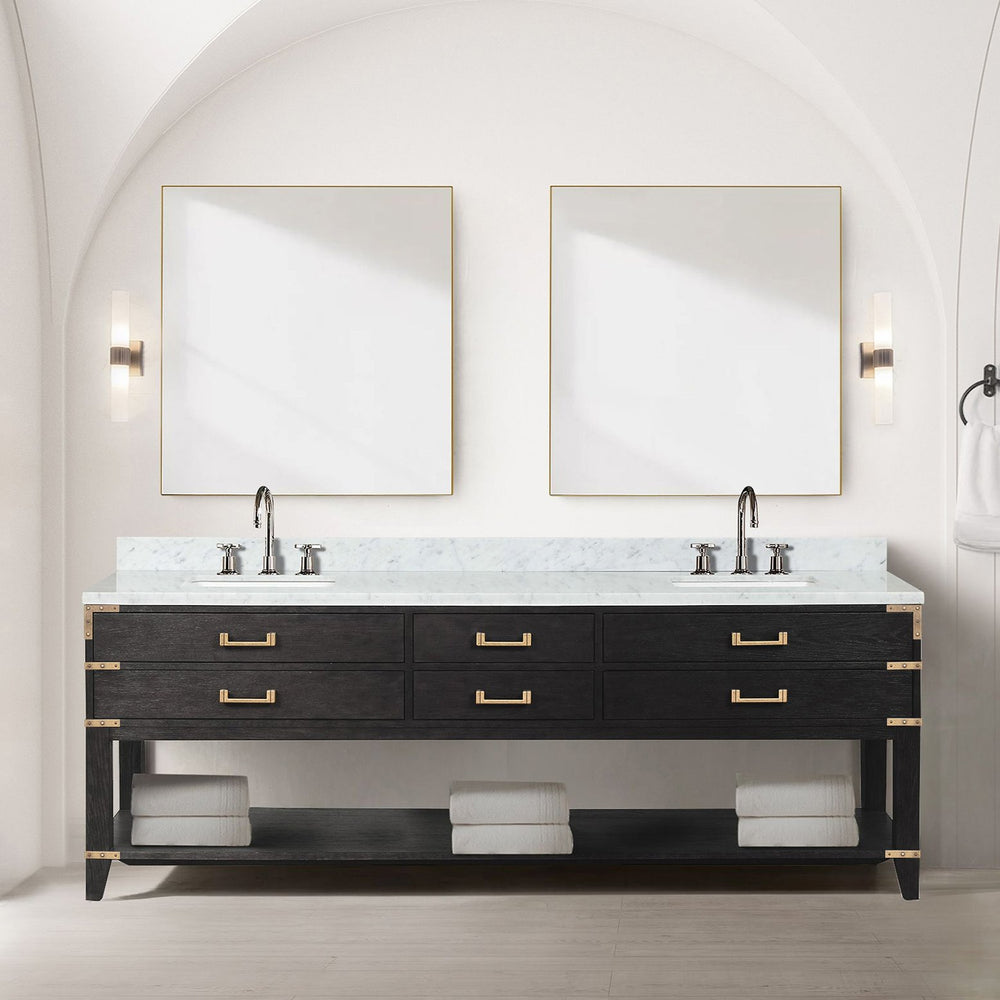 English Elm Black Oak Double Bath Vanity 84" W x 22" D with Carrara Marble Top, Chrome Faucets, Soft-Close Storage B2731P261073