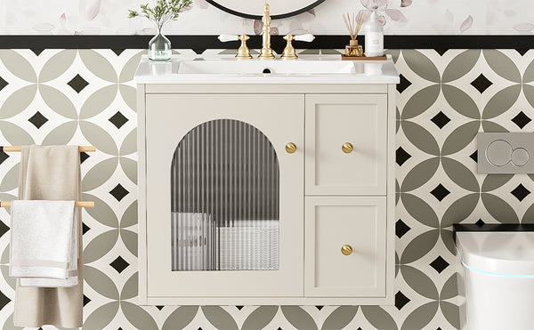 English Elm 24" Modern Wall-Mount Bathroom Vanity with Ceramic Sink, Glass Door Cabinet, 2 Drawers, Soft-Close Beige N710P286704Y