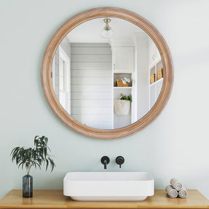 English Elm Round Ribbed Wood Framed Wall Mirror - 23.62" Natural Decorative Mirror For Coastal & Farmhouse Styles W2295P388972-GIGA