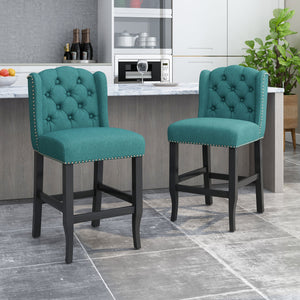English Elm Christopher Knight Home® - Vienna Fabric Tufted Wingback Counter Stools Set of 2 with Rivet Trim Rubberwood Legs, 27" Seat Height Teal 64855.00T