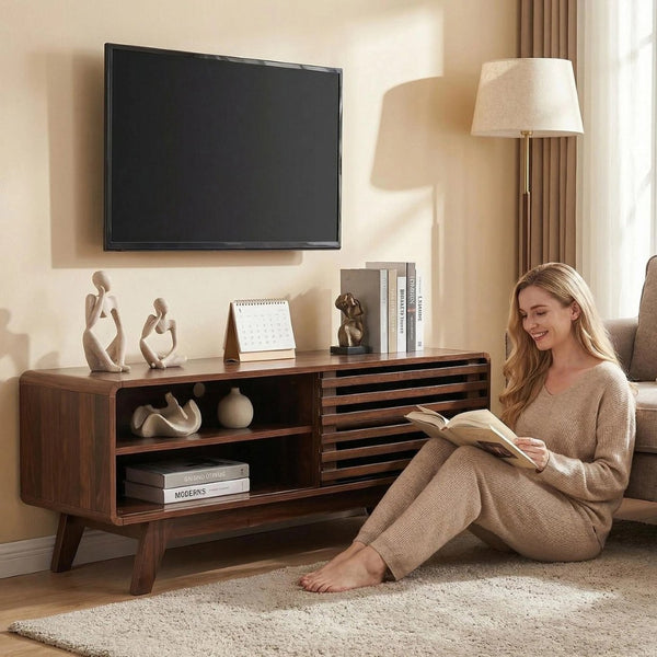 English Elm Tv Stand with Louvered Sliding Doors Tapered Legs Walnut Media Console W3204P465917