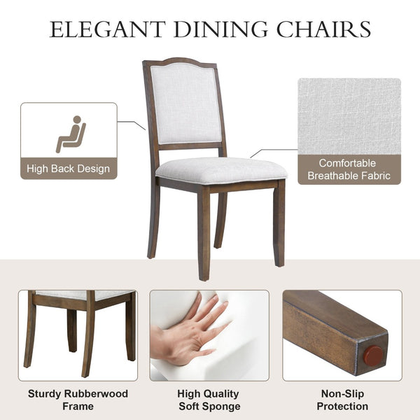 English Elm 6-piece Extendable Wood Dining Set with Linen Upholstered Chairs Bench Seats Eight Beige+Brown N752S000097D