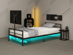 English Elm Twin Gaming Platform Bed Iron Frame with Rotating Tv Mount Led Strips Console Storage W688P237948