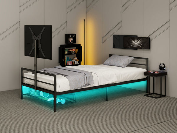 English Elm Twin Gaming Platform Bed Iron Frame with Rotating Tv Mount Led Strips Console Storage W688P237948