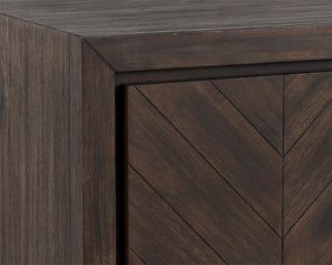 Sunpan Greyson Media Console Cabinet - Stylish Smoked Acacia Wood with Chevron Pattern & Brass Feet