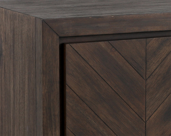 Sunpan Greyson Media Console Cabinet - Stylish Smoked Acacia Wood with Chevron Pattern & Brass Feet