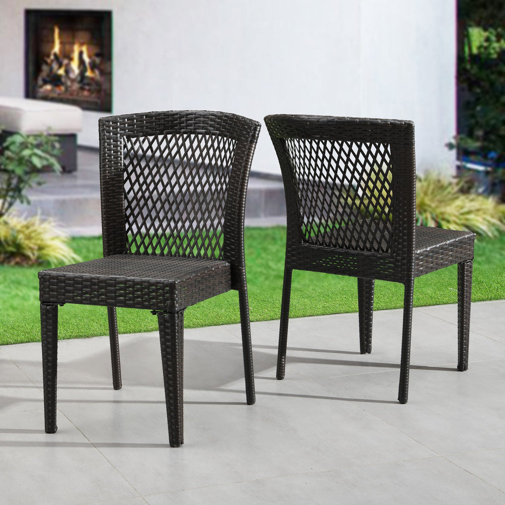 English Elm Christopher Knight Home® - Outdoor Stackable Dining Chairs Set of 2 — UV-Resistant PE Rattan & Steel Frame, 400lb Capacity, Multi Brown N779P227340B