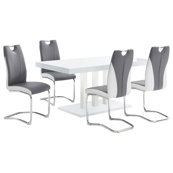 English Elm Creston Modern White High Gloss Pedestal Dining Set with Chrome, Grey Upholstered Sled Chairs, 5pc B062S01016