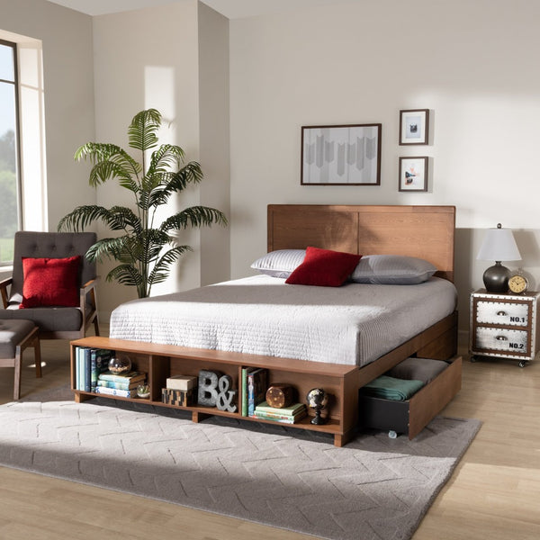 Baxton Studio Baxton Studio Modern Platform Storage Bed with 4 Drawers, Built-In Shelves, and Adjustable Headboard Tamsin Queen Tamsin-Ash Walnut-Queen