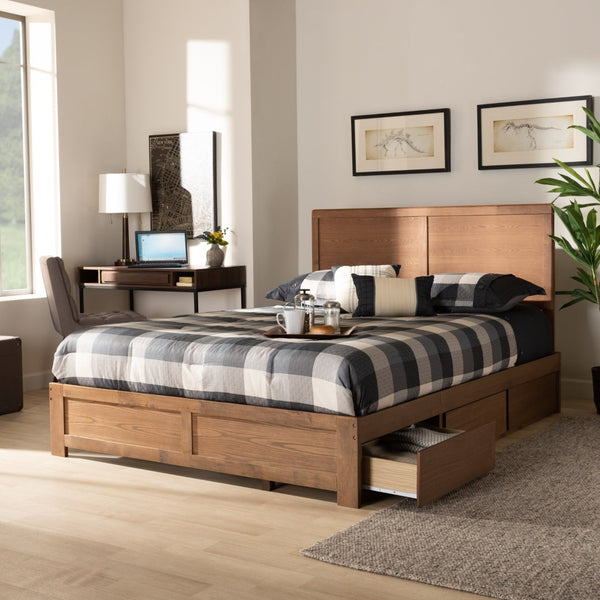 Baxton Studio Baxton Studio Modern Platform Bed with 3 Storage Drawers, Adjustable Headboard, Ash Walnut Finish Aras Queen Aras-Ash Walnut-Queen