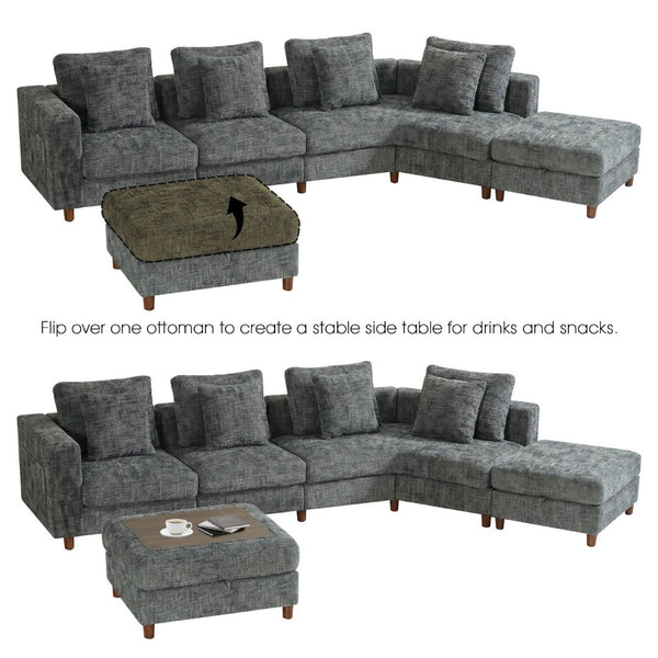 English Elm 147'' Modular Cloud Sectional Chenille Sofa with Two Ottomans for Spacious Living W680S00098