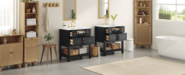 English Elm 60'' Elegant Freestanding Bathroom Vanity Set With Ceramic Sink, Solid Wood Frame & Ample Storage N710SS00004B
