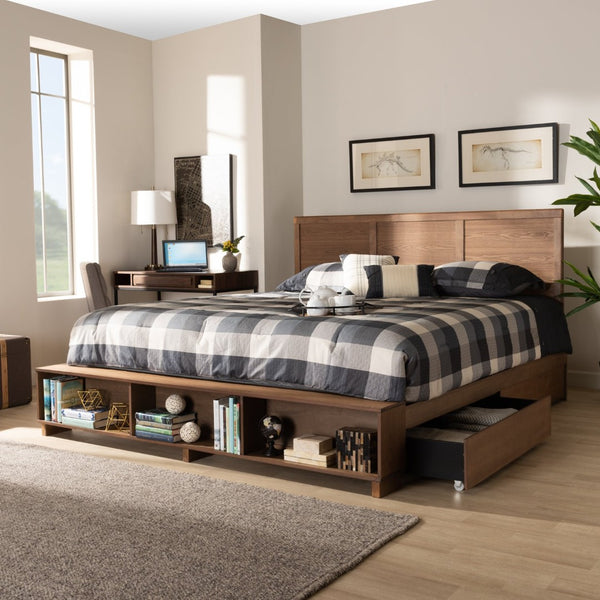 Baxton Studio Baxton Studio Modern Platform Storage Bed with 4 Drawers, Built-In Shelves, and Adjustable Headboard King Tamsin-Ash Walnut-King