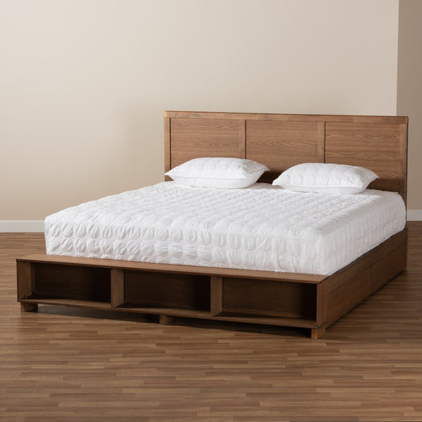 Baxton Studio Baxton Studio Modern Platform Storage Bed with 4 Drawers, Built-In Shelves, and Adjustable Headboard King Tamsin-Ash Walnut-King