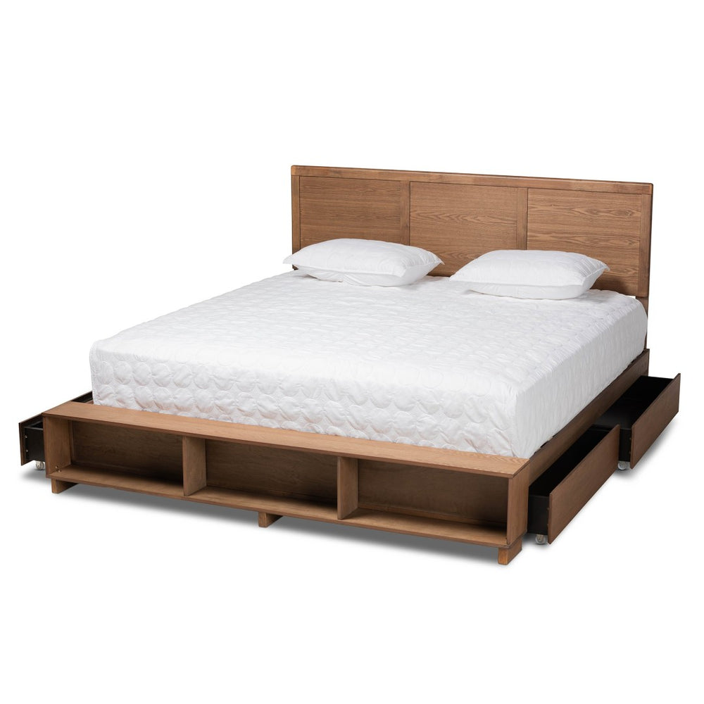 Baxton Studio Baxton Studio Modern Platform Storage Bed with 4 Drawers, Built-In Shelves, and Adjustable Headboard King Tamsin-Ash Walnut-King