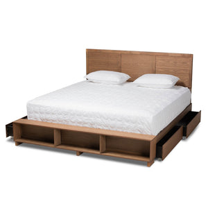 Baxton Studio Baxton Studio Modern Platform Storage Bed with 4 Drawers, Built-In Shelves, and Adjustable Headboard King Tamsin-Ash Walnut-King