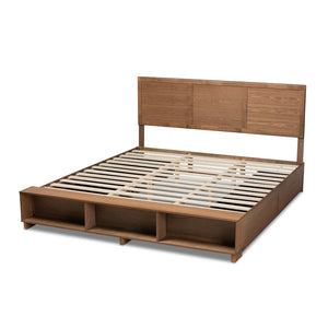 Baxton Studio Baxton Studio Modern Platform Storage Bed with 4 Drawers, Built-In Shelves, and Adjustable Headboard King Tamsin-Ash Walnut-King