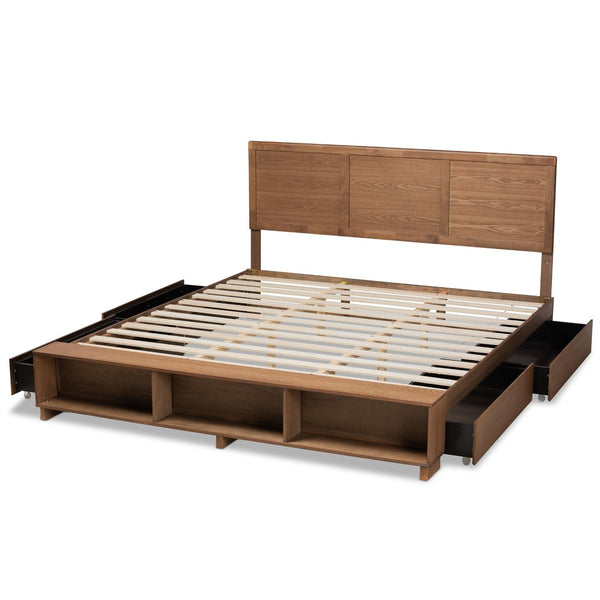 Baxton Studio Baxton Studio Modern Platform Storage Bed with 4 Drawers, Built-In Shelves, and Adjustable Headboard King Tamsin-Ash Walnut-King