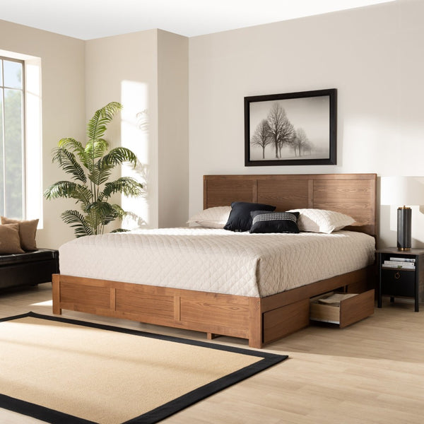 Baxton Studio Baxton Studio Modern Platform Bed with 3 Storage Drawers, Adjustable Headboard, Ash Walnut Finish Aras King Aras-Ash Walnut-King