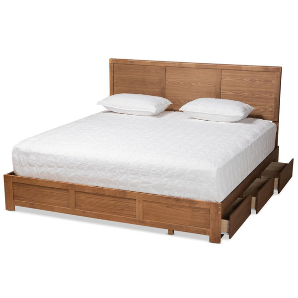 Baxton Studio Baxton Studio Modern Platform Bed with 3 Storage Drawers, Adjustable Headboard, Ash Walnut Finish Aras King Aras-Ash Walnut-King