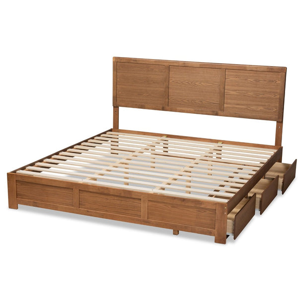 Baxton Studio Baxton Studio Modern Platform Bed with 3 Storage Drawers, Adjustable Headboard, Ash Walnut Finish Aras King Aras-Ash Walnut-King