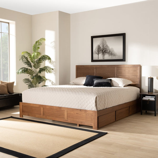 Baxton Studio Baxton Studio Modern Platform Bed with 3 Storage Drawers, Adjustable Headboard, Ash Walnut Finish Aras King Aras-Ash Walnut-King