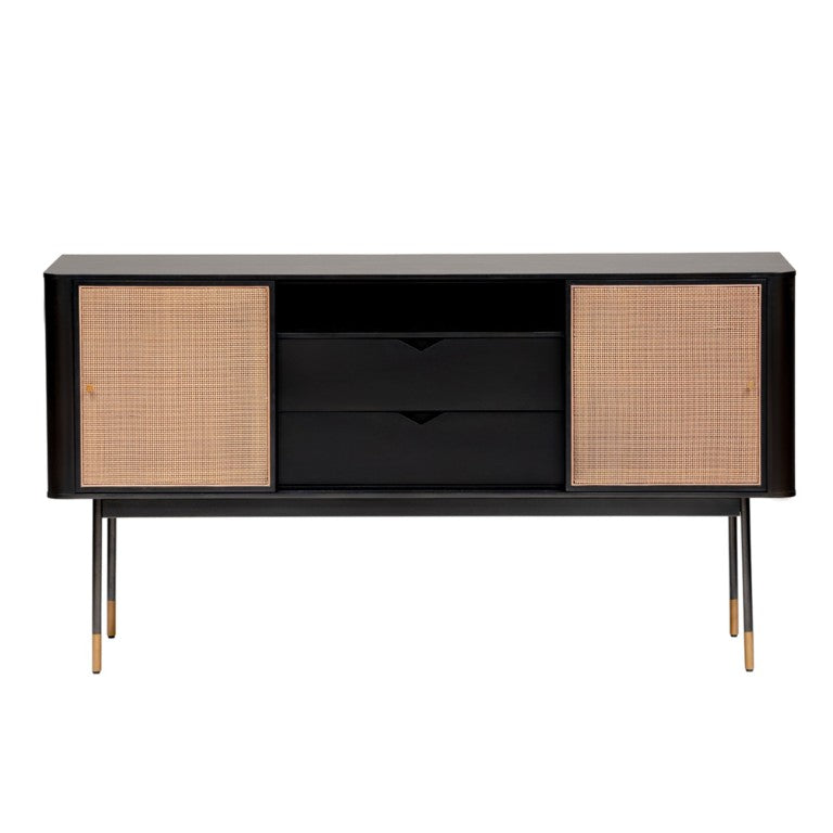 EuroStyle Miriam Matte Black Sideboard with Rattan Wicker Doors and Brass Hardware Accents 94216BLK