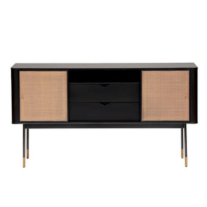 EuroStyle Miriam Matte Black Sideboard with Rattan Wicker Doors and Brass Hardware Accents 94216BLK