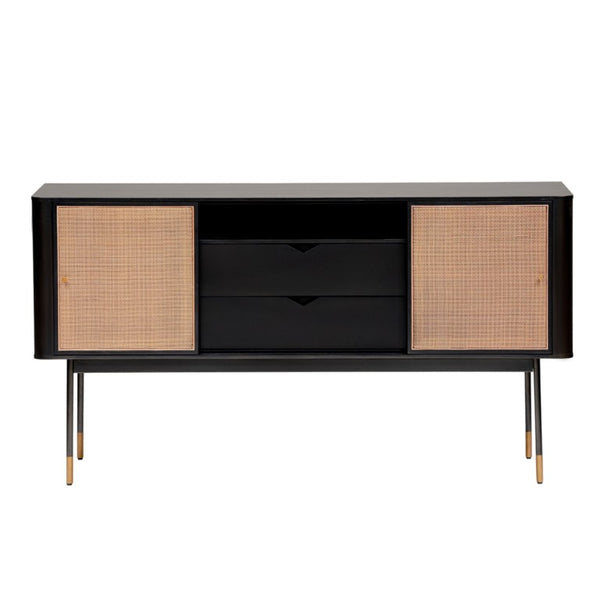EuroStyle Miriam Matte Black Sideboard with Rattan Wicker Doors and Brass Hardware Accents 94216BLK