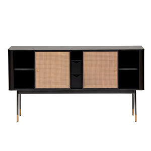 EuroStyle Miriam Matte Black Sideboard with Rattan Wicker Doors and Brass Hardware Accents 94216BLK